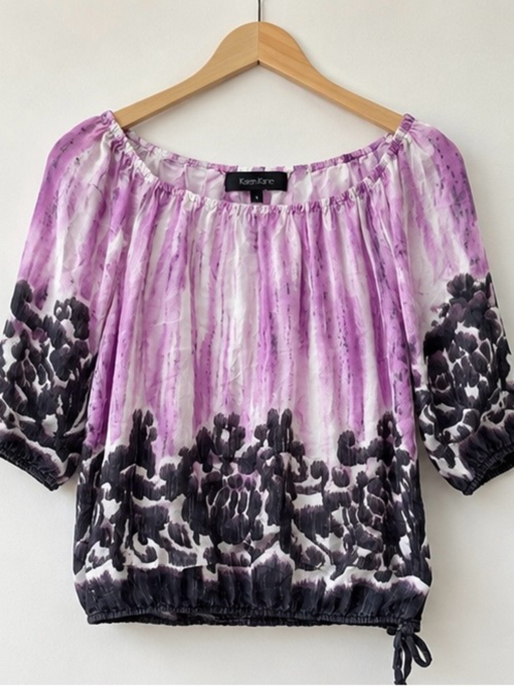 Karen Kane 100% Silk Abstract Floral Peasant Blouse Purple White Size S